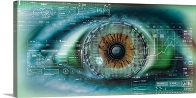 Close up of an eye with tech diagrams in abstract