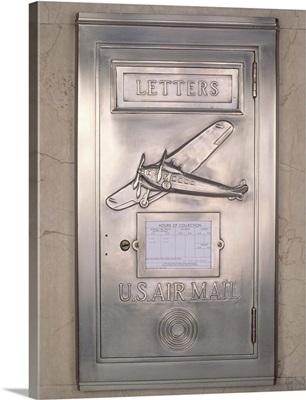 Close-up of art deco metal mailbox, Two North Riverside Plaza, Chicago, Illinois