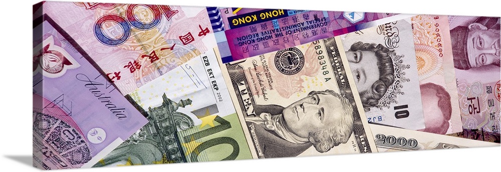 Close-up of assorted currencies of different countries