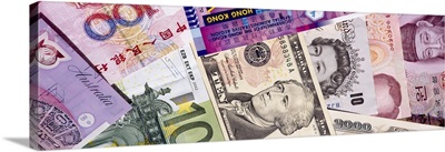 Close-up of assorted currencies of different countries
