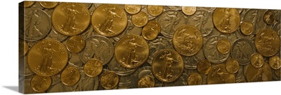 Close-up of assorted gold and silver coins, Sacramento, California