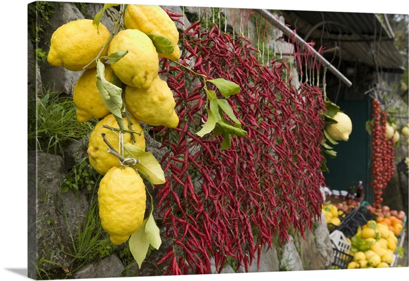 Closeup of lemons and chili peppers in a market stall, Sorrento