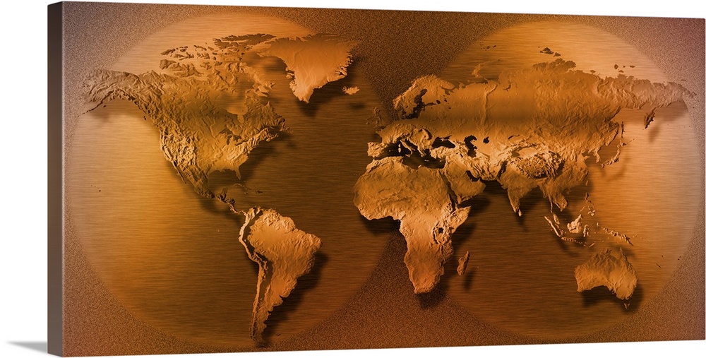 This panoramic piece shows a 3D map of the world in sepia tone.