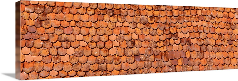 Panoramic wall art of roof tiles up close.