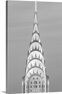 Close up of the Chrysler Building at sunset.