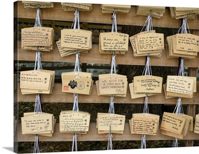 Close-up of wooden plaques, Meiji Shrine, Tokyo, Japan