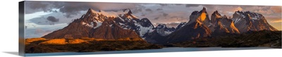 Clouds at sunrise over Paine Grande and the Cuernos from Lake Pehoe, Chile