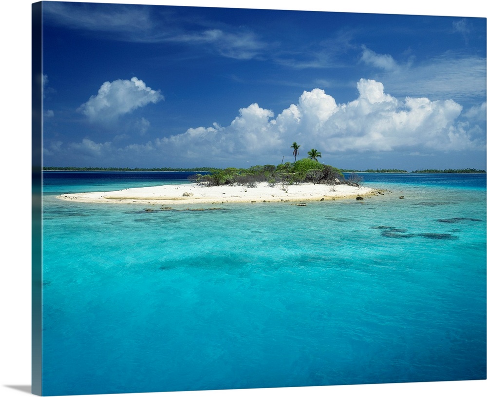 A lone island cover with two palm trees and shrubby bushes floats above the clear waters in the middle of a tropical reef.
