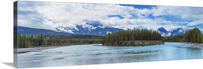 Clouds over mountains, Athabasca River, Jasper National Park, Alberta, Canada