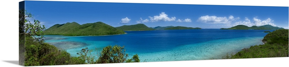 Panoramic of the Leinster Bay in the US Virgin Islands on a bright, sunny day.