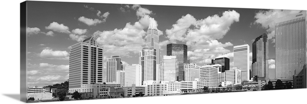 Black and white photograph of the city skyline of Charlotte, North Carolina.