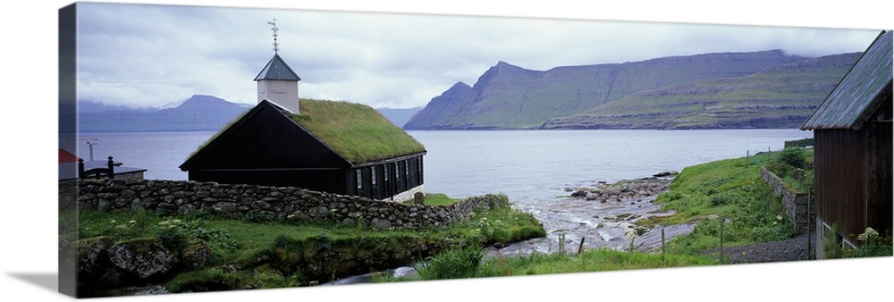 Coastal church with grass roof, Faroe Islands