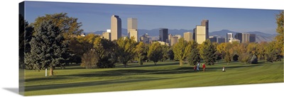 Colorado, Denver, panoramic view of skyscrapers around a golf course