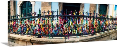 Colorful Bonfim wish ribbons tied around Church of Nosso Senhor do Bonfim, Brazil