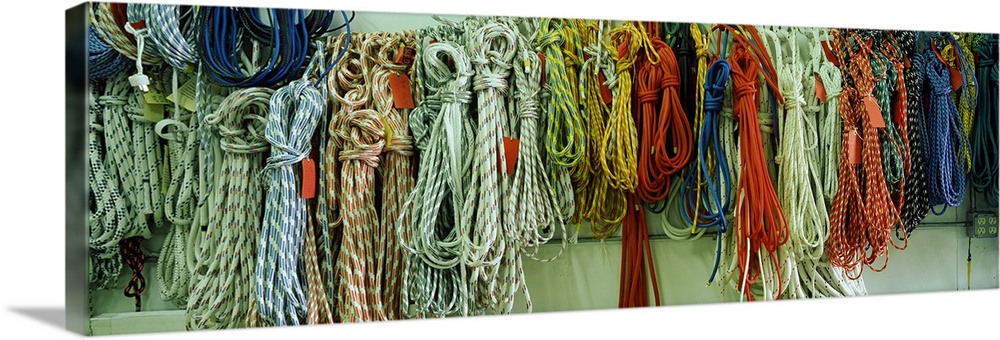 Panoramic photograph of striped ropes hanging in a row.