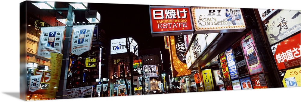 Commercial signboards lit up at night in a market, Shinjuku Ward, Tokyo Prefecture, Kanto Region, Japan