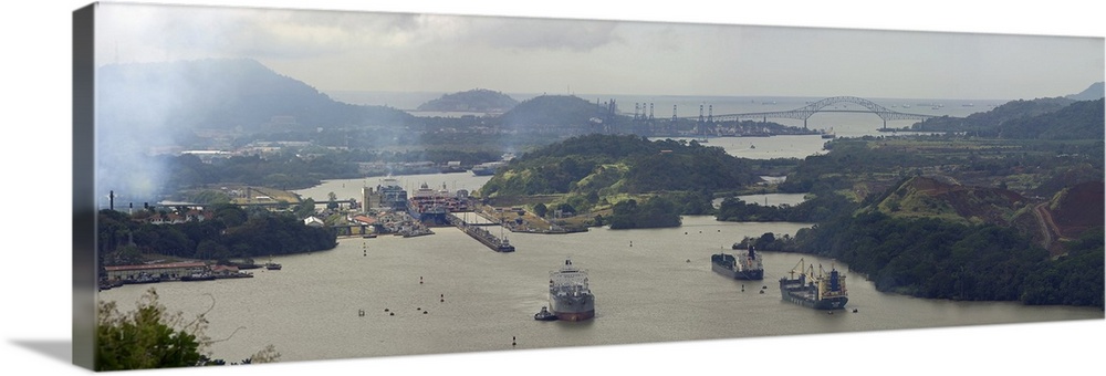 Container ships in a canal, Miraflores, Panama Canal, Panama