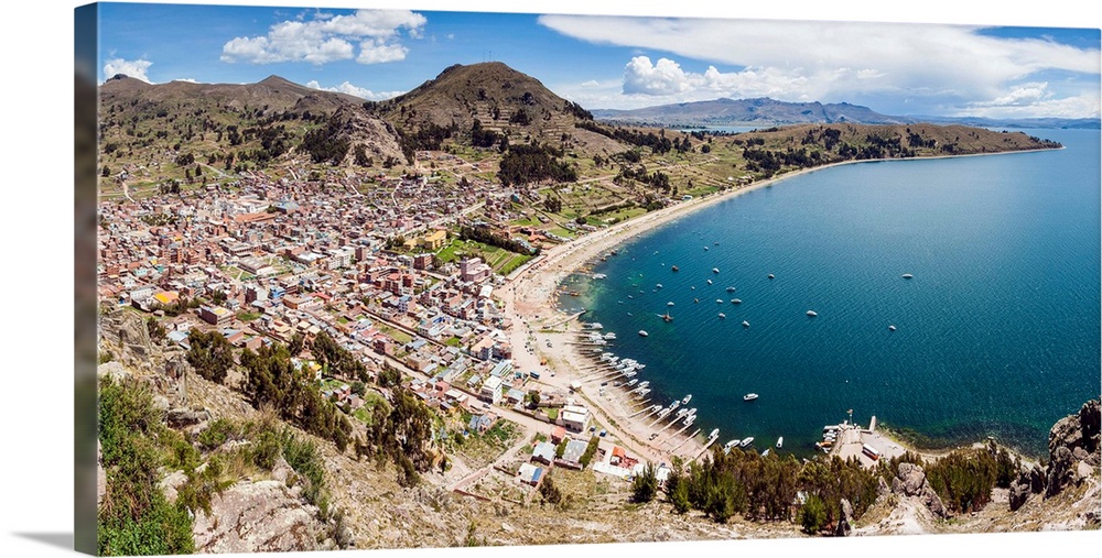 View of Copacabana and Lake Titicaca from Cerro Calvario, Copacabana, La Paz Department, Bolivia, South America.