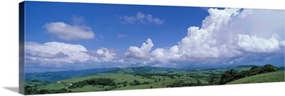 Costa Rica, Puntarenas Province, Aerial view of hilly farmland