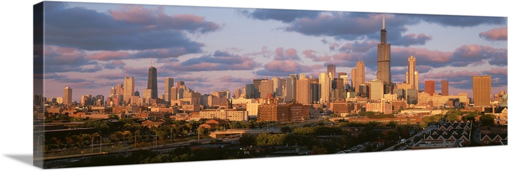 Panoramic photograph of the Chicago Skyline as sunset in Chicago, Illinois.