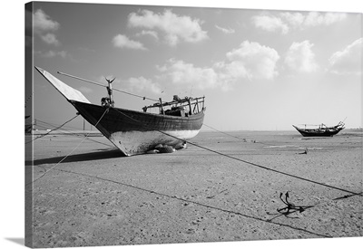 Dhow moored at a harbor, Ras Al Hadd Dhow Harbor, Ras Al Hadd, Sharqiya Region, Oman