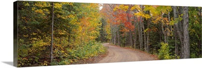 Dirt road passing through autumn forest, Keweenaw Peninsula, Michigan,