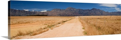 Dirt road passing through field with mountain range in the background, South Africa