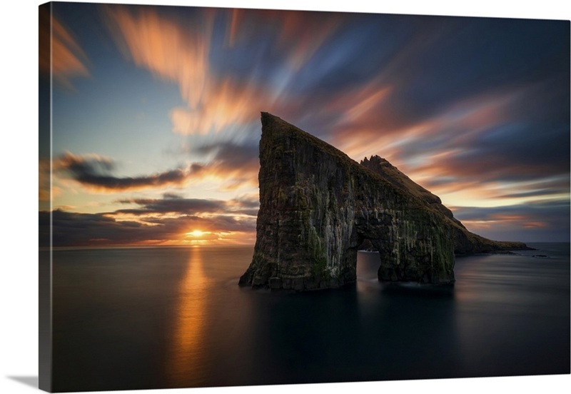 Drangarnir Rocky Arch On Vagar Island In Sunset, Faroe Islands, Denmark ...