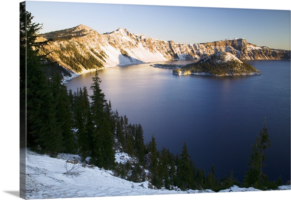 Dusting of snow over Crater Lake and Wizard Island, Crater Lake National Park, Oregon