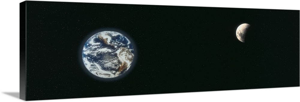 A panoramic re-creation of the earth and a half shaded moon from outer space.