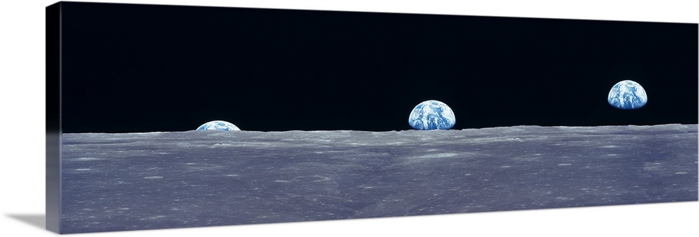 Composite image from the surface of the moon of three photos of the planet Earth rising over the horizon.