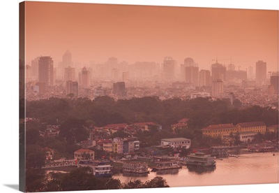 Elevated View Of A Lake And A City At Sunset, West Lake, Tay Ho, Hanoi, Vietnam