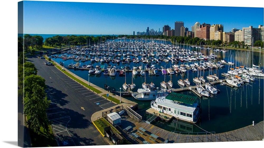 Elevated view of Belmont Yacht Club, Chicago, Illinois, USA