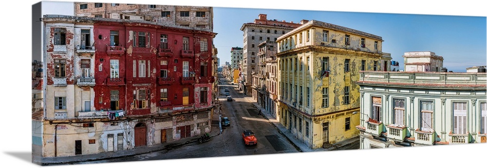 Elevated view of houses on the street in a town, Havana, Cuba