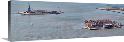 Elevated view of islands, Statue of Liberty and Ellis Island, New York City