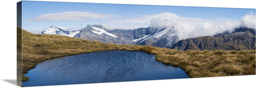 Elevated view of lake on mountain, Mount Aspiring National Park, West Coast, South Island, New Zealand