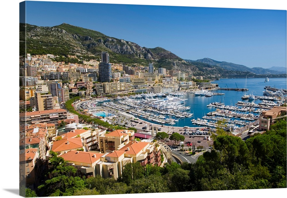 Elevated view of Monte-Carlo and harbor in the Principality of Monaco, Western Europe on the Mediterranean Sea