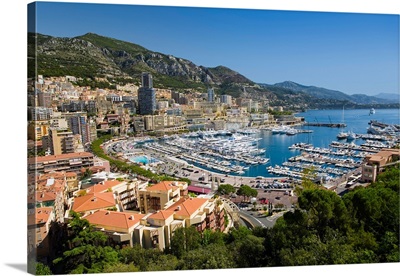 Elevated view of Monte-Carlo and harbor in the Principality of Monaco
