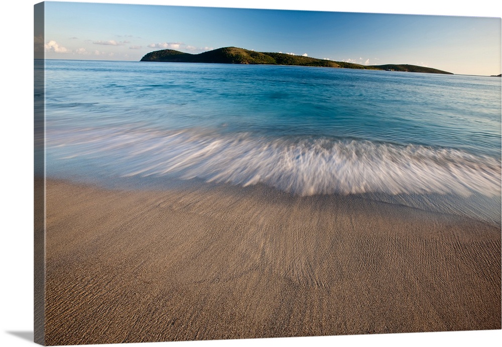 Elevated view of surf on beach at sunset, Culebra Island, Puerto Rico