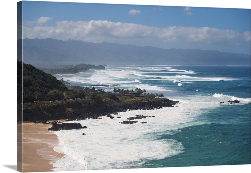 Elevated view of surf on beach, Hawaii, USA