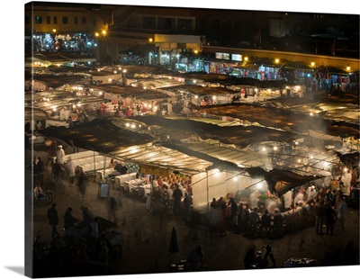 Elevated view of the Jemaa el-Fna at night, Marrakesh, Morocco
