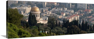 Elevated view of the Terraces of the Shrine of the Bab, Bahai Gardens, Haifa, Israel