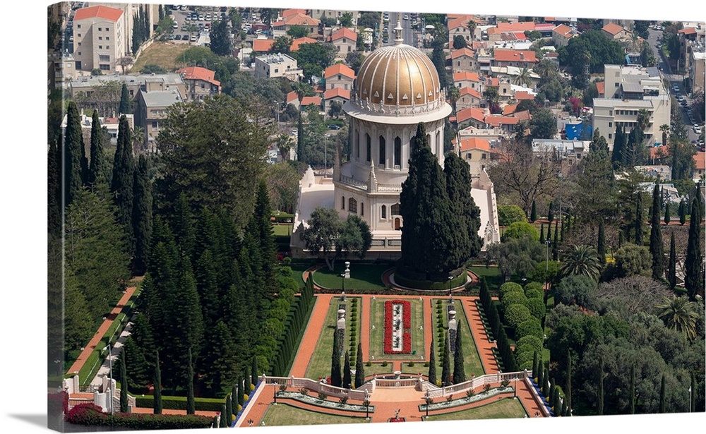 Elevated view of the Terraces of the Shrine of the Bab, Bahai Gardens, German Colony Plaza, Haifa, Israel