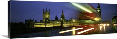 England, London, Houses of Parliament, Traffic moving in the night