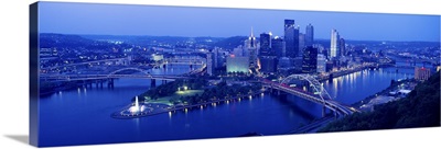 Evening view of Pittsburgh, PA with West End Bridge, and Allegheny