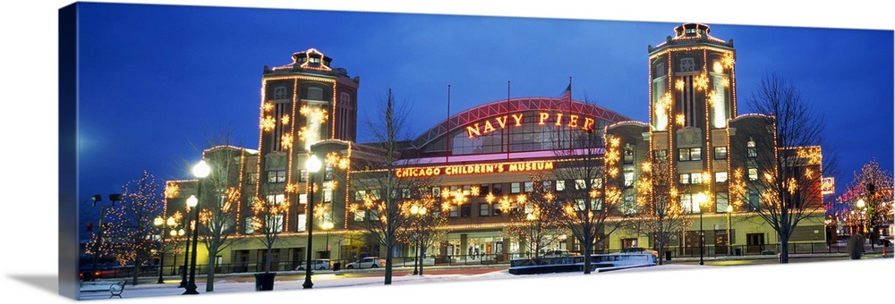 Facade of a building lit up at dusk, Navy Pier, Chicago, Illinois