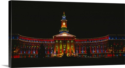 Facade the City Hall building lit up at night for holiday season, Denver, Colorado