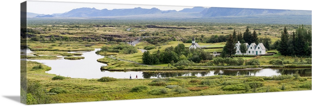 Farmhouse and church by Oxara River, Pingvellir National Park, Blaskogabyggo, Iceland