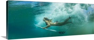 Female surfer pushes under a wave while surfing, Clansthal, South Africa