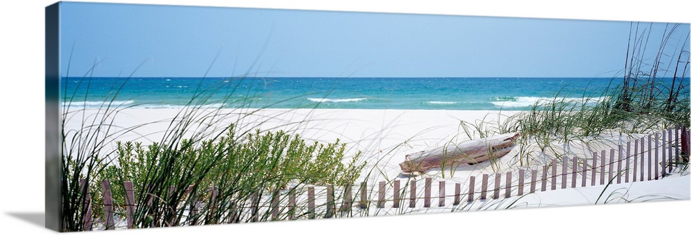 Panoramic landscape photograph of a fence buried in the dunes on sandy beach on the Gulf Coast.